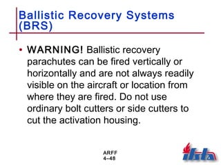 ARFF
4–48
Ballistic Recovery Systems
(BRS)
• WARNING! Ballistic recovery
parachutes can be fired vertically or
horizontally and are not always readily
visible on the aircraft or location from
where they are fired. Do not use
ordinary bolt cutters or side cutters to
cut the activation housing.
 