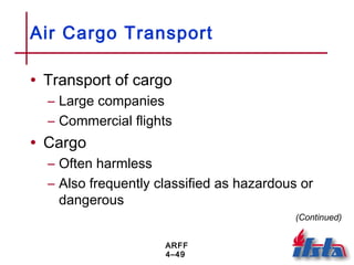 ARFF
4–49
Air Cargo Transport
• Transport of cargo
– Large companies
– Commercial flights
• Cargo
– Often harmless
– Also frequently classified as hazardous or
dangerous
(Continued)
 