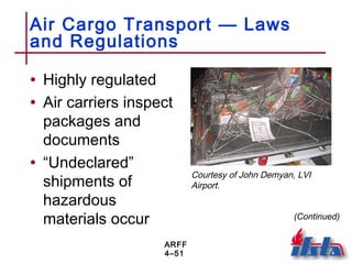 ARFF
4–51
Air Cargo Transport — Laws
and Regulations
• Highly regulated
• Air carriers inspect
packages and
documents
• “Undeclared”
shipments of
hazardous
materials occur (Continued)
Courtesy of John Demyan, LVI
Airport.
 