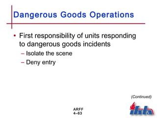 ARFF
4–63
Dangerous Goods Operations
• First responsibility of units responding
to dangerous goods incidents
– Isolate the scene
– Deny entry
(Continued)
 