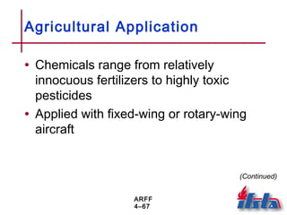 ARFF
4–67
Agricultural Application
• Chemicals range from relatively
innocuous fertilizers to highly toxic
pesticides
• Applied with fixed-wing or rotary-wing
aircraft
(Continued)
 