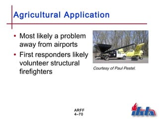 ARFF
4–70
Agricultural Application
• Most likely a problem
away from airports
• First responders likely
volunteer structural
firefighters
Courtesy of Paul Pestel.
 