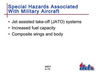 ARFF
4–72
Special Hazards Associated
With Military Aircraft
• Jet assisted take-off (JATO) systems
• Increased fuel capacity
• Composite wings and body
 
