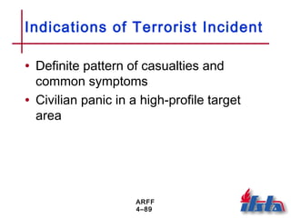ARFF
4–89
Indications of Terrorist Incident
• Definite pattern of casualties and
common symptoms
• Civilian panic in a high-profile target
area
 