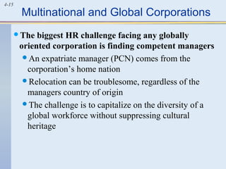 4-15
Multinational and Global Corporations
The biggest HR challenge facing any globally
oriented corporation is finding competent managers
An expatriate manager (PCN) comes from the
corporation’s home nation
Relocation can be troublesome, regardless of the
managers country of origin
The challenge is to capitalize on the diversity of a
global workforce without suppressing cultural
heritage
 