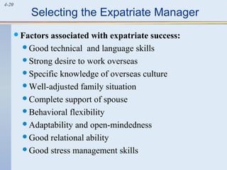 4-20
Selecting the Expatriate Manager
Factors associated with expatriate success:
Good technical and language skills
Strong desire to work overseas
Specific knowledge of overseas culture
Well-adjusted family situation
Complete support of spouse
Behavioral flexibility
Adaptability and open-mindedness
Good relational ability
Good stress management skills
 