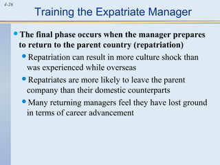 4-26
Training the Expatriate Manager
The final phase occurs when the manager prepares
to return to the parent country (repatriation)
Repatriation can result in more culture shock than
was experienced while overseas
Repatriates are more likely to leave the parent
company than their domestic counterparts
Many returning managers feel they have lost ground
in terms of career advancement
 