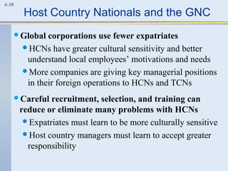 4-30
Host Country Nationals and the GNC
Global corporations use fewer expatriates
HCNs have greater cultural sensitivity and better
understand local employees’ motivations and needs
More companies are giving key managerial positions
in their foreign operations to HCNs and TCNs
Careful recruitment, selection, and training can
reduce or eliminate many problems with HCNs
Expatriates must learn to be more culturally sensitive
Host country managers must learn to accept greater
responsibility
 