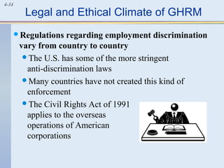 4-34
Legal and Ethical Climate of GHRM
Regulations regarding employment discrimination
vary from country to country
The U.S. has some of the more stringent
anti-discrimination laws
Many countries have not created this kind of
enforcement
The Civil Rights Act of 1991
applies to the overseas
operations of American
corporations
 