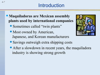 4-7
Introduction
Maquiladoras are Mexican assembly
plants used by international companies
Sometimes called “twin plants”
Most owned by American,
Japanese, and Korean manufacturers
Savings outweigh extra shipping costs
After a slowdown in recent years, the maquiladora
industry is showing strong growth
 