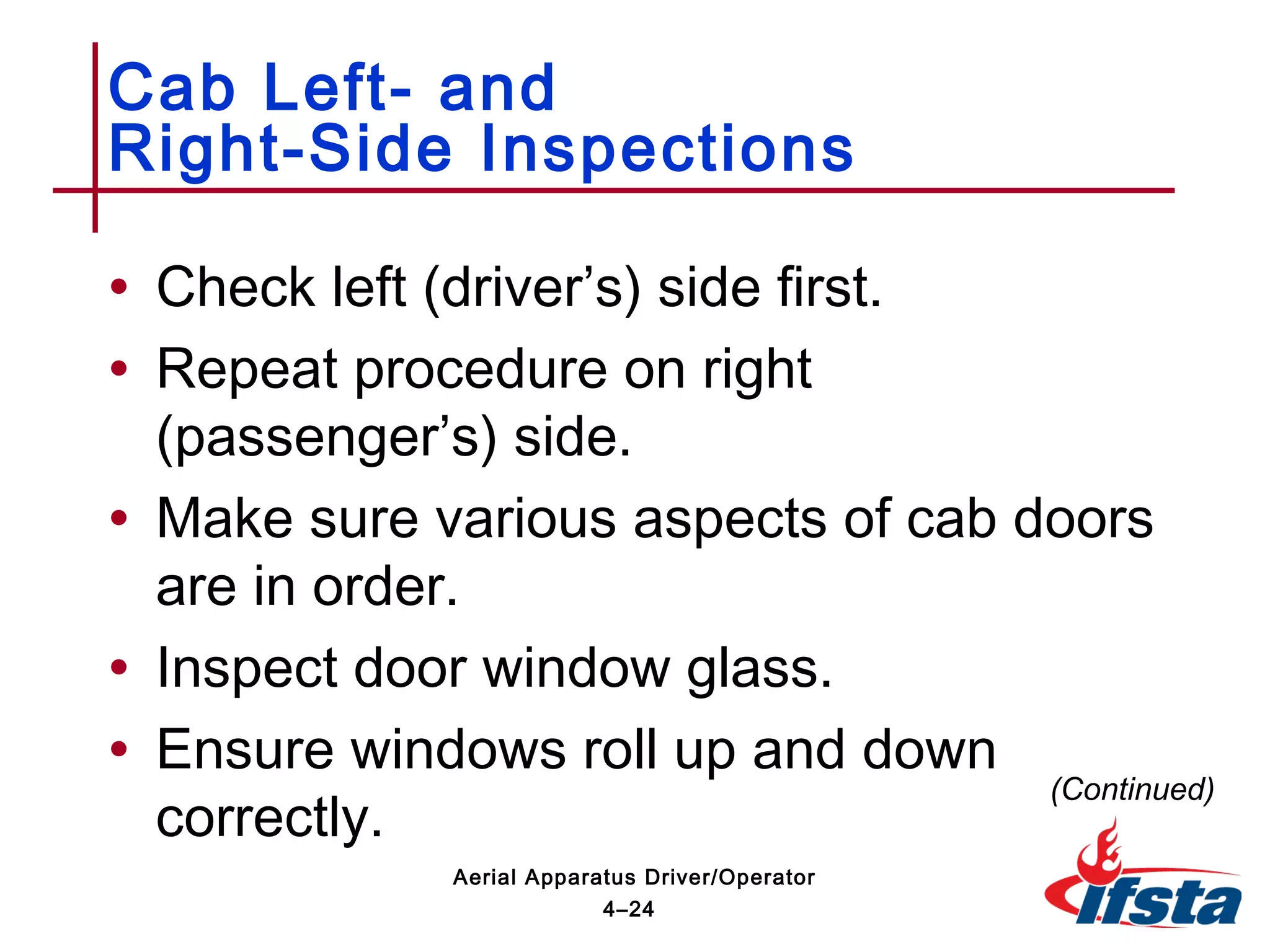 • Check left (driver’s) side first.
• Repeat procedure on right
(passenger’s) side.
• Make sure various aspects of cab doors
are in order.
• Inspect door window glass.
• Ensure windows roll up and down
correctly.
Cab Left- and
Right-Side Inspections
(Continued)
4–24
Aerial Apparatus Driver/Operator
 