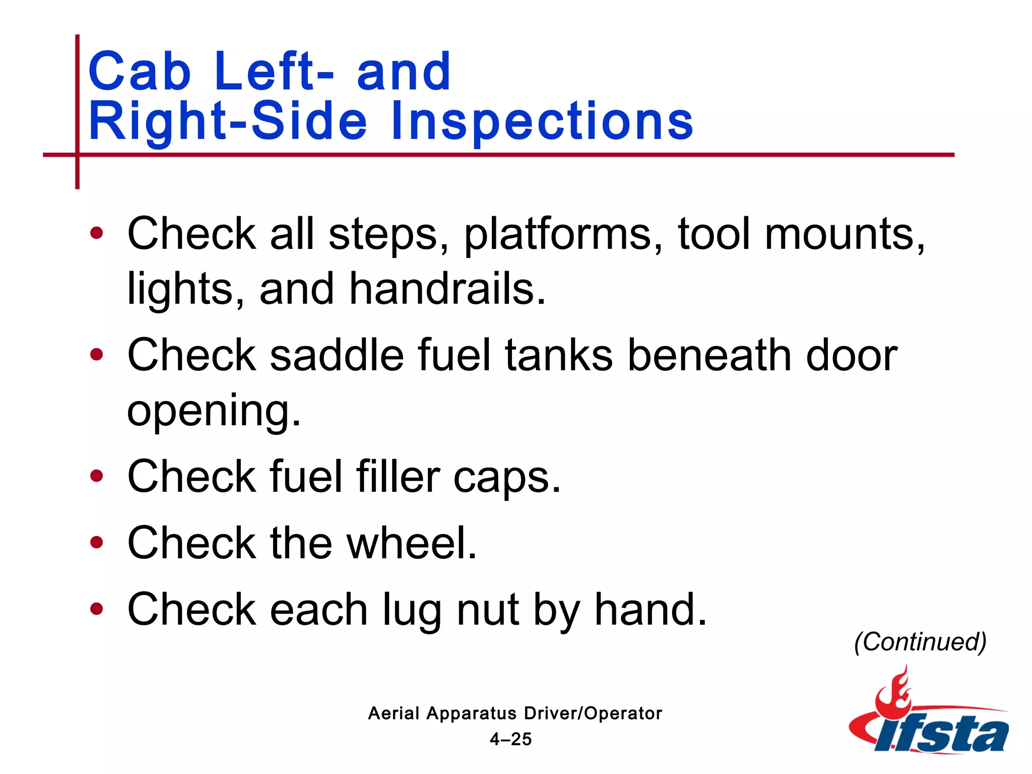 • Check all steps, platforms, tool mounts,
lights, and handrails.
• Check saddle fuel tanks beneath door
opening.
• Check fuel filler caps.
• Check the wheel.
• Check each lug nut by hand.
Cab Left- and
Right-Side Inspections
(Continued)
4–25
Aerial Apparatus Driver/Operator
 