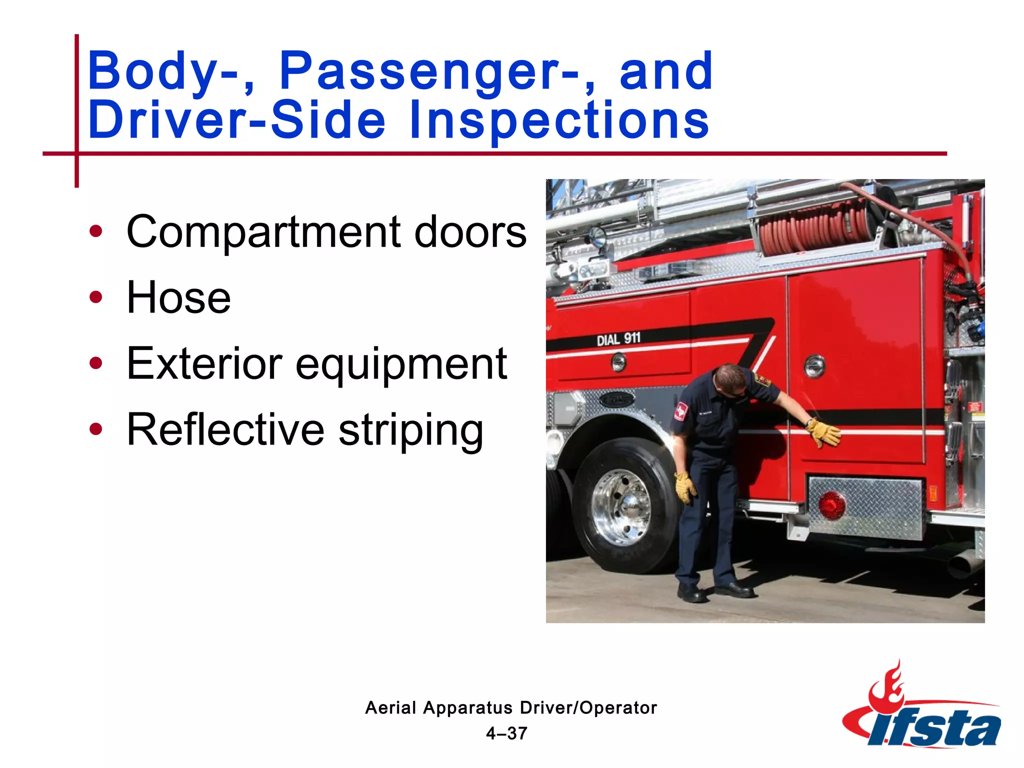 • Compartment doors
• Hose
• Exterior equipment
• Reflective striping
Body-, Passenger-, and
Driver-Side Inspections
4–37
Aerial Apparatus Driver/Operator
 