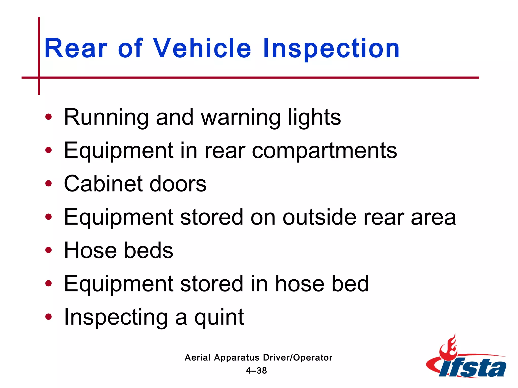• Running and warning lights
• Equipment in rear compartments
• Cabinet doors
• Equipment stored on outside rear area
• Hose beds
• Equipment stored in hose bed
• Inspecting a quint
Rear of Vehicle Inspection
4–38
Aerial Apparatus Driver/Operator
 
