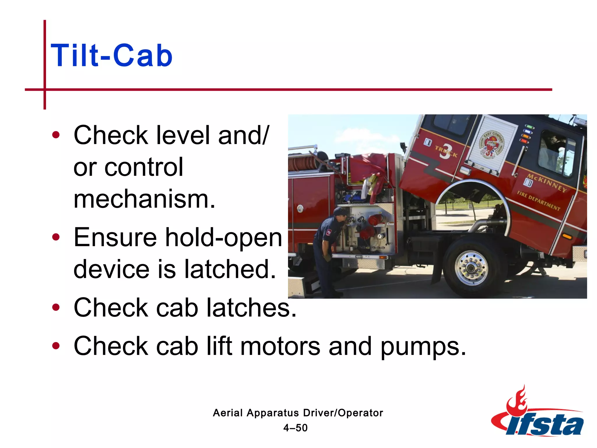 • Check level and/
or control
mechanism.
• Ensure hold-open
device is latched.
• Check cab latches.
• Check cab lift motors and pumps.
Tilt-Cab
4–50
Aerial Apparatus Driver/Operator
 