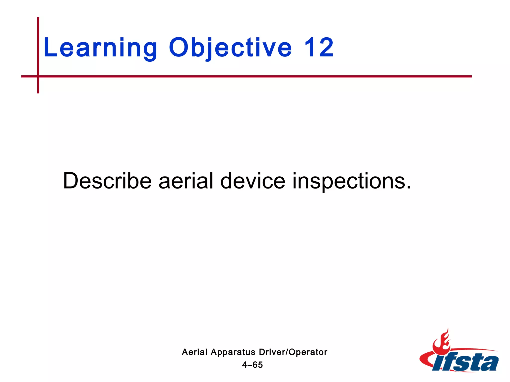 Describe aerial device inspections.
Learning Objective 12
4–65
Aerial Apparatus Driver/Operator
 