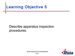 Describe apparatus inspection
procedures.
Learning Objective 5
4–21
Aerial Apparatus Driver/Operator
 
