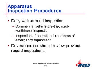 • Daily walk-around inspection
– Commercial vehicle pre-trip, road-
worthiness inspection
– Inspection of operational readiness of
emergency equipment
• Driver/operator should review previous
record inspections.
Apparatus
Inspection Procedures
4–22
Aerial Apparatus Driver/Operator
 
