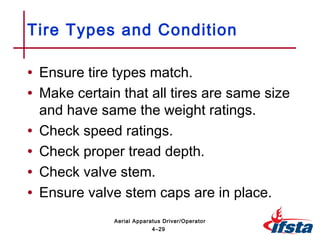 • Ensure tire types match.
• Make certain that all tires are same size
and have same the weight ratings.
• Check speed ratings.
• Check proper tread depth.
• Check valve stem.
• Ensure valve stem caps are in place.
Tire Types and Condition
4–29
Aerial Apparatus Driver/Operator
 