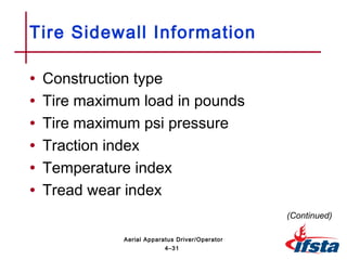 • Construction type
• Tire maximum load in pounds
• Tire maximum psi pressure
• Traction index
• Temperature index
• Tread wear index
Tire Sidewall Information
(Continued)
4–31
Aerial Apparatus Driver/Operator
 