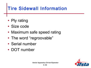 • Ply rating
• Size code
• Maximum safe speed rating
• The word “regroovable”
• Serial number
• DOT number
Tire Sidewall Information
4–32
Aerial Apparatus Driver/Operator
 