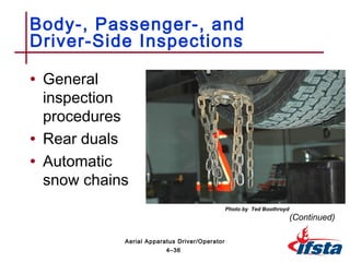 • General
inspection
procedures
• Rear duals
• Automatic
snow chains
Body-, Passenger-, and
Driver-Side Inspections
(Continued)
4–36
Aerial Apparatus Driver/Operator
Photo by Ted Boothroyd
 