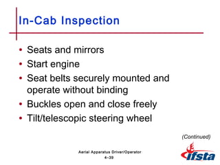 • Seats and mirrors
• Start engine
• Seat belts securely mounted and
operate without binding
• Buckles open and close freely
• Tilt/telescopic steering wheel
In-Cab Inspection
(Continued)
4–39
Aerial Apparatus Driver/Operator
 