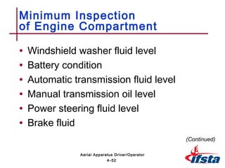 • Windshield washer fluid level
• Battery condition
• Automatic transmission fluid level
• Manual transmission oil level
• Power steering fluid level
• Brake fluid
Minimum Inspection
of Engine Compartment
(Continued)
4–52
Aerial Apparatus Driver/Operator
 