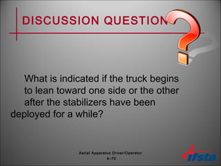 DISCUSSION QUESTION
What is indicated if the truck begins
to lean toward one side or the other
after the stabilizers have been
deployed for a while?
4–70
Aerial Apparatus Driver/Operator
 