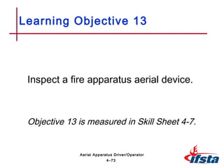Inspect a fire apparatus aerial device.
Objective 13 is measured in Skill Sheet 4-7.
Learning Objective 13
4–73
Aerial Apparatus Driver/Operator
 