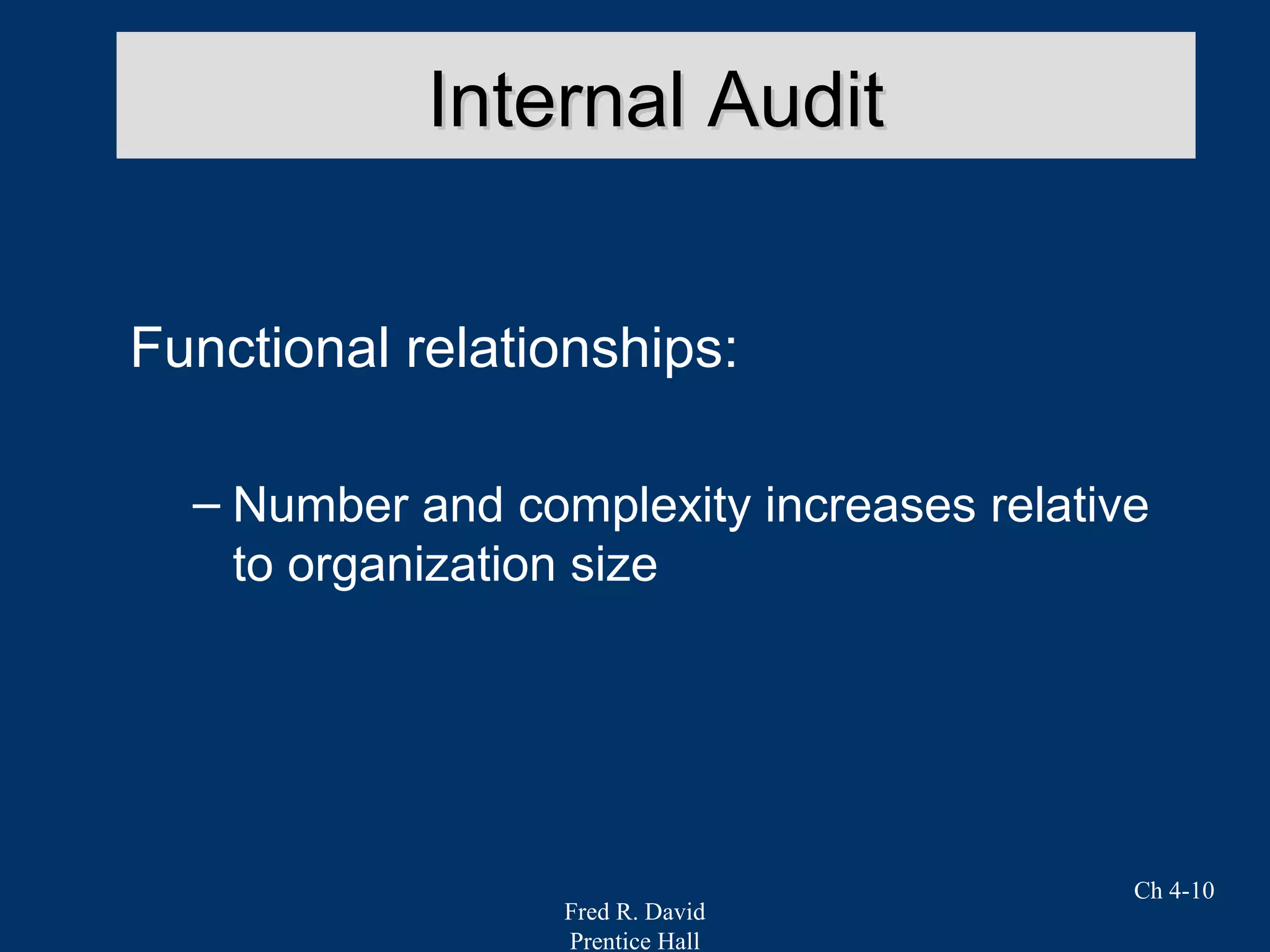Fred R. David
Prentice Hall
Ch 4-10
Internal AuditInternal Audit
Functional relationships:
– Number and complexity increases relative
to organization size
 