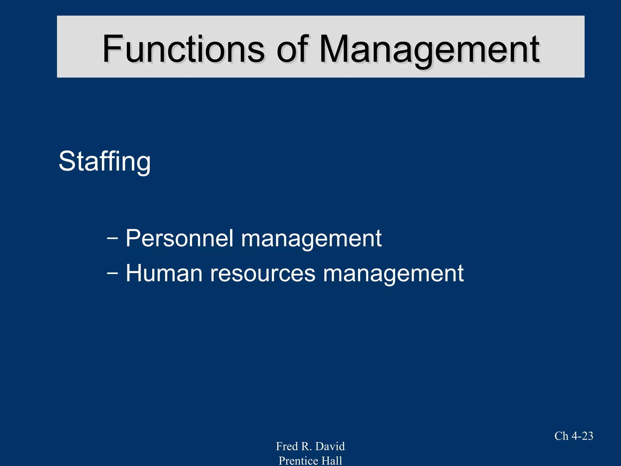 Fred R. David
Prentice Hall
Ch 4-23
Functions of ManagementFunctions of Management
Staffing
– Personnel management
– Human resources management
 