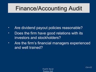 Fred R. David
Prentice Hall
Ch 4-32
• Are dividend payout policies reasonable?
• Does the firm have good relations with its
investors and stockholders?
• Are the firm’s financial managers experienced
and well trained?
Finance/Accounting AuditFinance/Accounting Audit
 