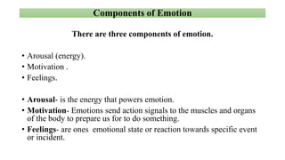 Components of Emotion
There are three components of emotion.
• Arousal (energy).
• Motivation .
• Feelings.
• Arousal- is the energy that powers emotion.
• Motivation- Emotions send action signals to the muscles and organs
of the body to prepare us for to do something.
• Feelings- are ones emotional state or reaction towards specific event
or incident.
 