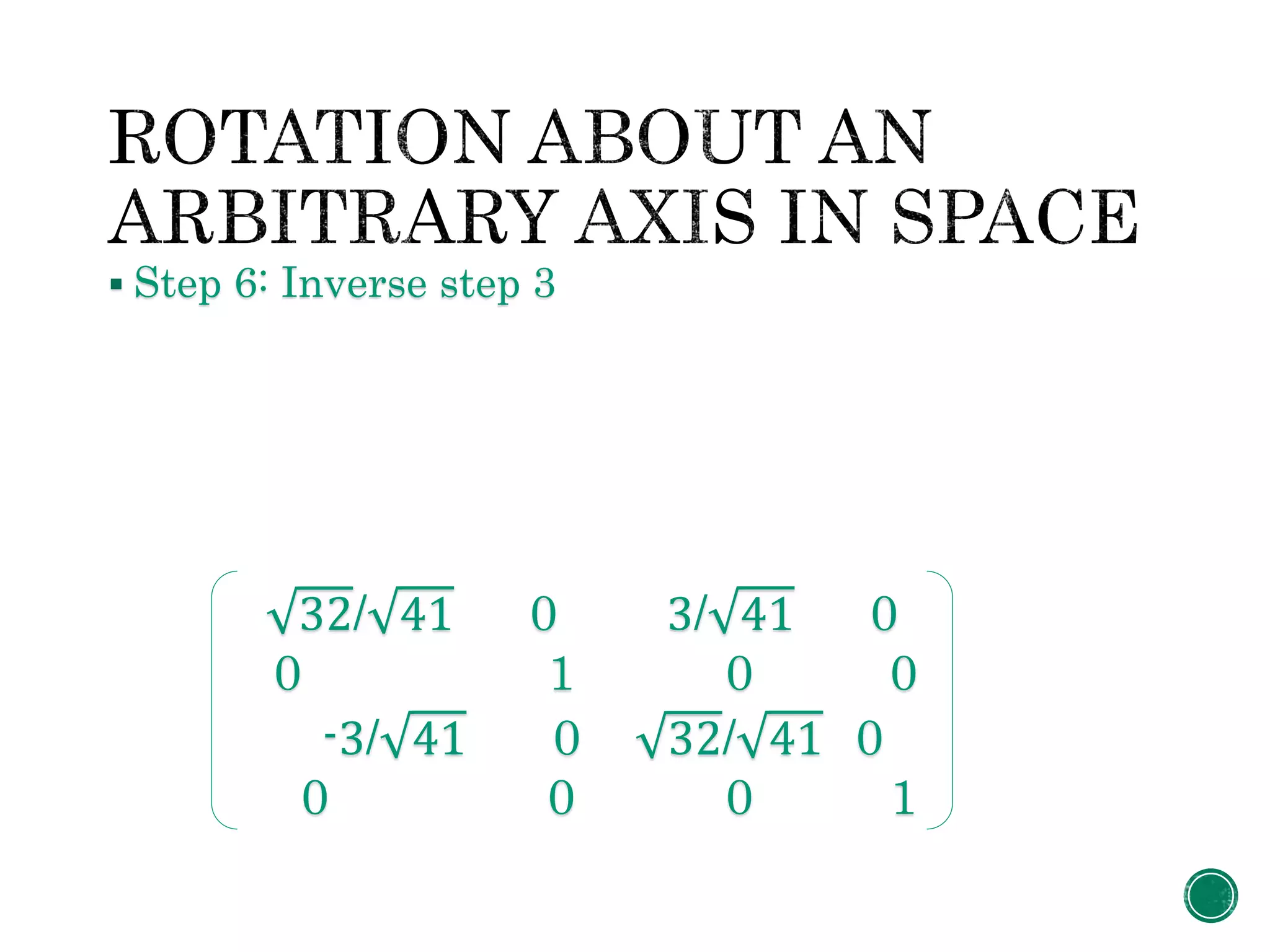  Step 6: Inverse step 3
32/ 41 0 3/ 41 0
0 1 0 0
-3/ 41 0 32/ 41 0
0 0 0 1
 