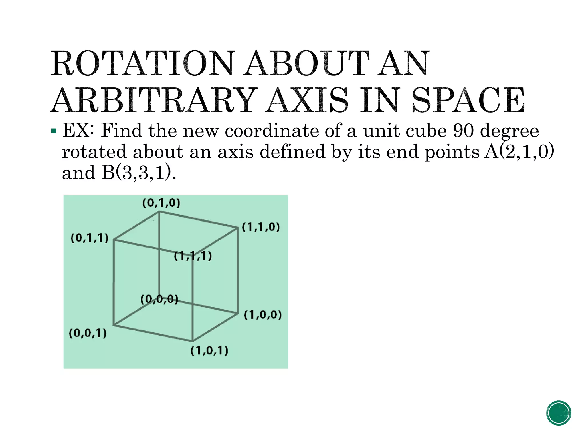 EX: Find the new coordinate of a unit cube 90 degree
rotated about an axis defined by its end points A(2,1,0)
and B(3,3,1).
 