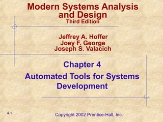 Copyright 2002 Prentice-Hall, Inc.
Chapter 4
Automated Tools for Systems
Development
4.1
Modern Systems Analysis
and Design
Third Edition
Jeffrey A. Hoffer
Joey F. George
Joseph S. Valacich
 