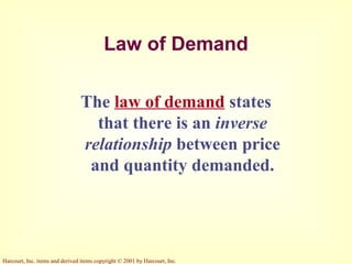 Harcourt, Inc. items and derived items copyright © 2001 by Harcourt, Inc.
Law of Demand
The law of demand states
that there is an inverse
relationship between price
and quantity demanded.
 