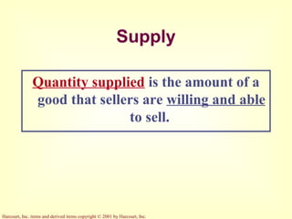 Harcourt, Inc. items and derived items copyright © 2001 by Harcourt, Inc.
Supply
Quantity supplied is the amount of a
good that sellers are willing and able
to sell.
 