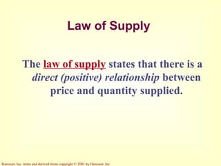 Harcourt, Inc. items and derived items copyright © 2001 by Harcourt, Inc.
Law of Supply
The law of supply states that there is a
direct (positive) relationship between
price and quantity supplied.
 