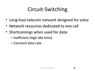Circuit-Switching
• Long-haul telecom network designed for voice
• Network resources dedicated to one call
• Shortcomings when used for data:
– Inefficient (high idle time)
– Constant data rate
Chapter 4 Frame Relay 4
 