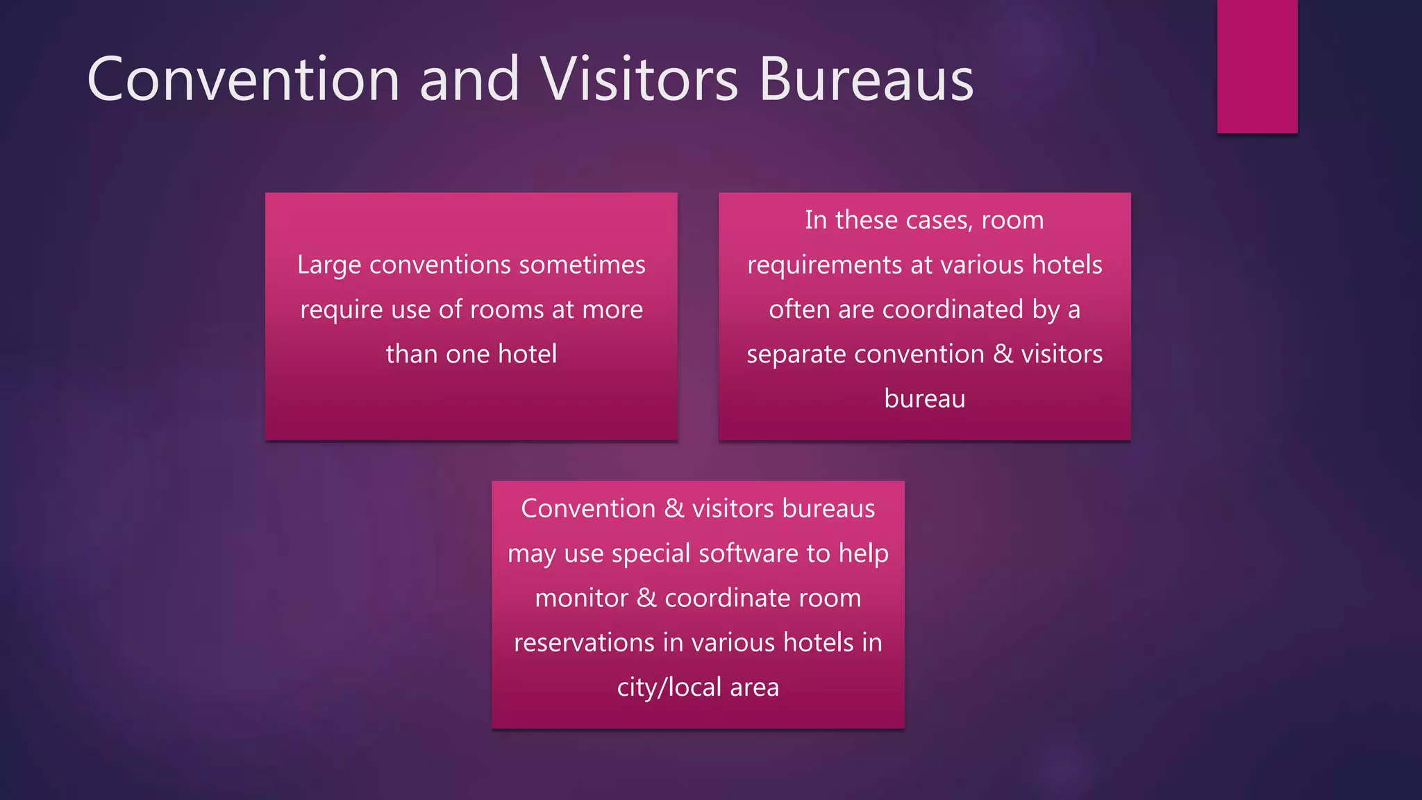 Convention and Visitors Bureaus
Large conventions sometimes
require use of rooms at more
than one hotel
In these cases, room
requirements at various hotels
often are coordinated by a
separate convention & visitors
bureau
Convention & visitors bureaus
may use special software to help
monitor & coordinate room
reservations in various hotels in
city/local area
 