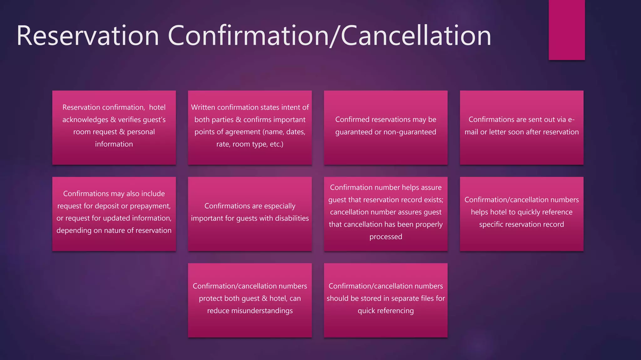 Reservation Confirmation/Cancellation
Reservation confirmation, hotel
acknowledges & verifies guest’s
room request & personal
information
Written confirmation states intent of
both parties & confirms important
points of agreement (name, dates,
rate, room type, etc.)
Confirmed reservations may be
guaranteed or non-guaranteed
Confirmations are sent out via e-
mail or letter soon after reservation
Confirmations may also include
request for deposit or prepayment,
or request for updated information,
depending on nature of reservation
Confirmations are especially
important for guests with disabilities
Confirmation number helps assure
guest that reservation record exists;
cancellation number assures guest
that cancellation has been properly
processed
Confirmation/cancellation numbers
helps hotel to quickly reference
specific reservation record
Confirmation/cancellation numbers
protect both guest & hotel, can
reduce misunderstandings
Confirmation/cancellation numbers
should be stored in separate files for
quick referencing
 