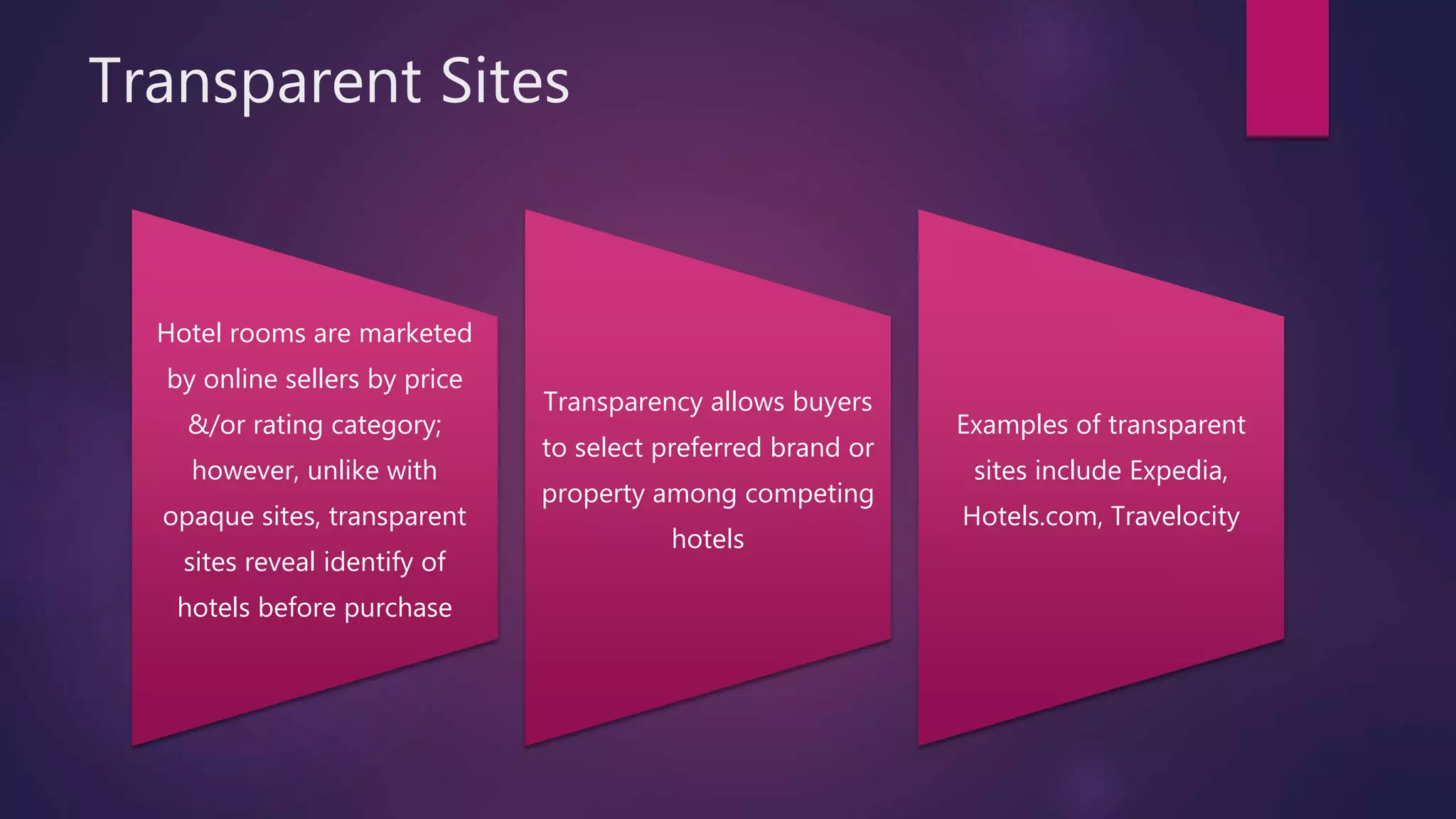 Transparent Sites
Hotel rooms are marketed
by online sellers by price
&/or rating category;
however, unlike with
opaque sites, transparent
sites reveal identify of
hotels before purchase
Transparency allows buyers
to select preferred brand or
property among competing
hotels
Examples of transparent
sites include Expedia,
Hotels.com, Travelocity
 