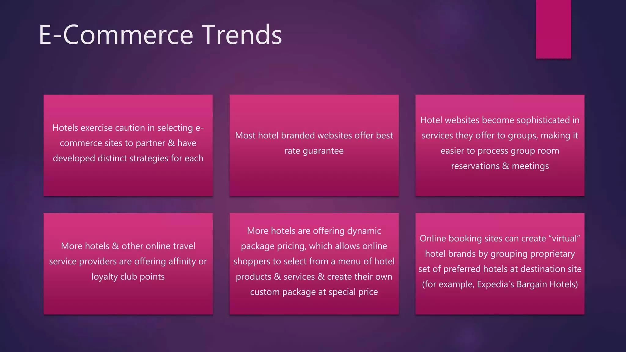 E-Commerce Trends
Hotels exercise caution in selecting e-
commerce sites to partner & have
developed distinct strategies for each
Most hotel branded websites offer best
rate guarantee
Hotel websites become sophisticated in
services they offer to groups, making it
easier to process group room
reservations & meetings
More hotels & other online travel
service providers are offering affinity or
loyalty club points
More hotels are offering dynamic
package pricing, which allows online
shoppers to select from a menu of hotel
products & services & create their own
custom package at special price
Online booking sites can create “virtual”
hotel brands by grouping proprietary
set of preferred hotels at destination site
(for example, Expedia’s Bargain Hotels)
 