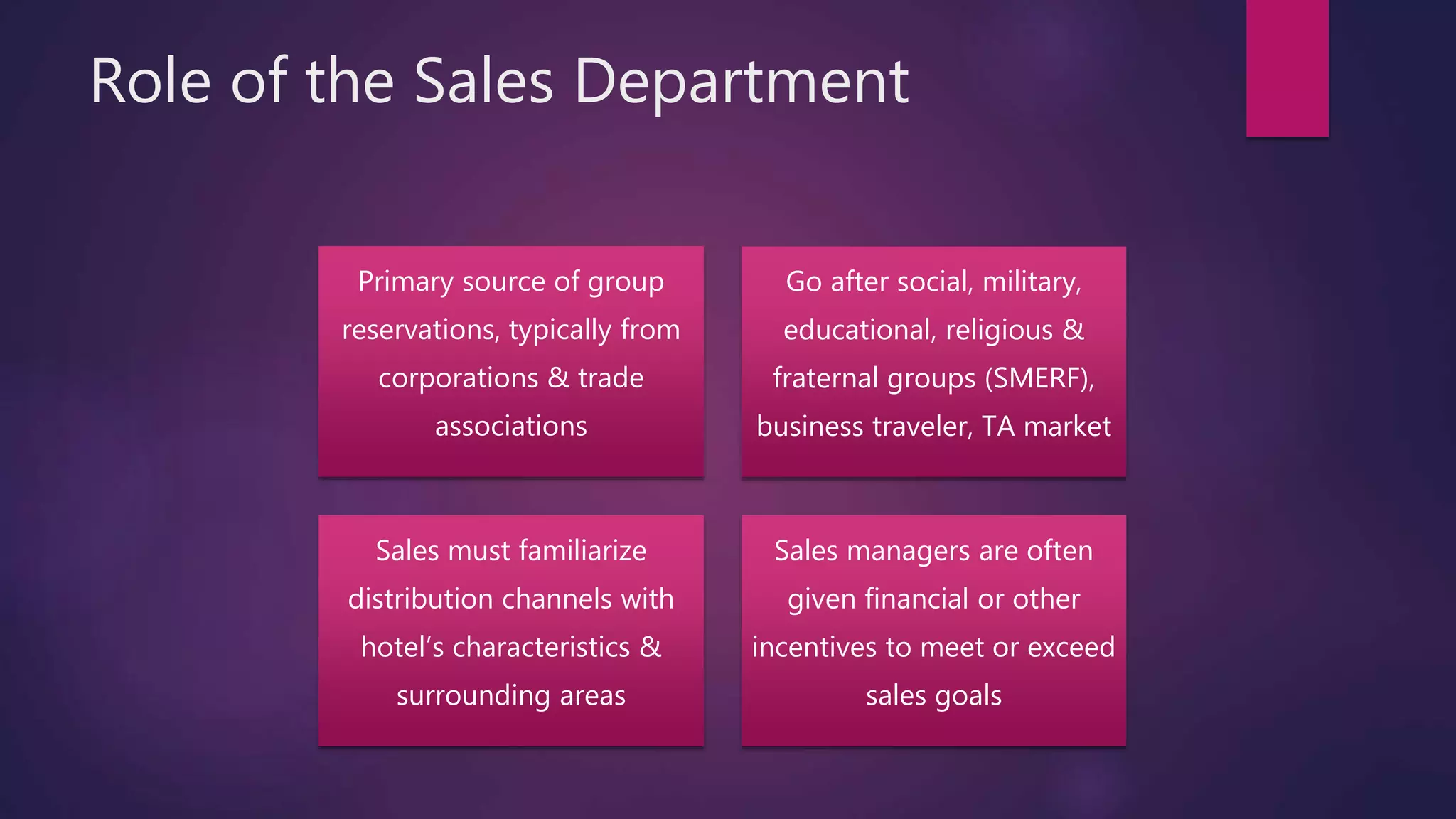 Role of the Sales Department
Primary source of group
reservations, typically from
corporations & trade
associations
Go after social, military,
educational, religious &
fraternal groups (SMERF),
business traveler, TA market
Sales must familiarize
distribution channels with
hotel’s characteristics &
surrounding areas
Sales managers are often
given financial or other
incentives to meet or exceed
sales goals
 