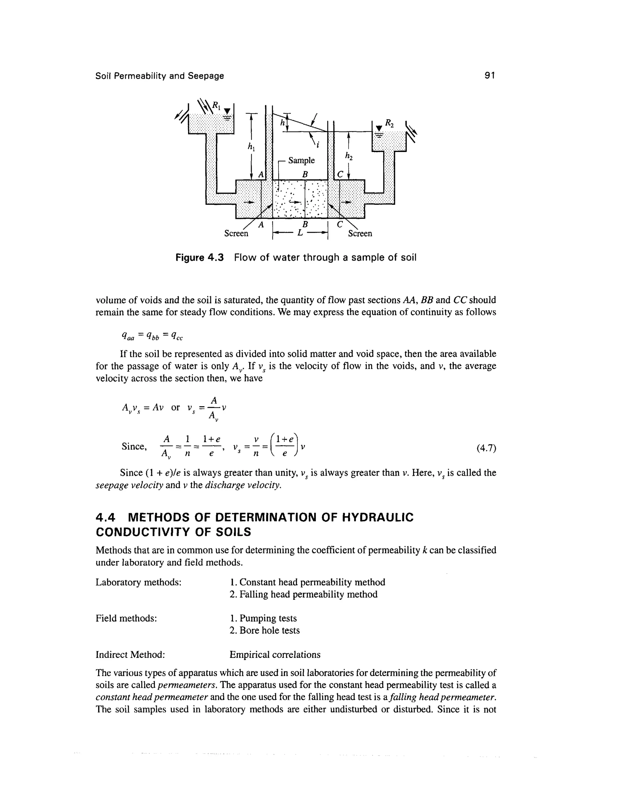 Soil Permeability and Seepage 91
Screen
— Sample
B

Screen
Figure 4.3 Flow of water through a sample of soil
volume of voids and the soil is saturated, the quantity of flow past sections AA, BB and CC should
remain the same for steady flow conditions. We may express the equation of continuity as follows
Qaa = <lbb = 3cc
If the soil be represented as divided into solid matter and void space, then the area available
for the passage of water is only Av. If vs is the velocity of flow in the voids, and v, the average
velocity across the section then, we have
A v = Av or v = —v
s
A
A 1 l +e
Since, ~7~ = ~ =
A.. n e
+e
(4.7)
Since (1 + e)le is always greater than unity, vs is always greater than v. Here, vs is called the
seepage velocity and v the discharge velocity.
4.4 METHODS OF DETERMINATION OF HYDRAULIC
CONDUCTIVITY OF SOILS
Methods that are in common use for determining the coefficient of permeability k can be classified
under laboratory and field methods.
Laboratory methods:
Field methods:
Indirect Method:
1. Constant head permeability method
2. Falling head permeability method
1. Pumping tests
2. Bore hole tests
Empirical correlations
The various types of apparatus which are used in soil laboratories for determining the permeability of
soils are called permeameters. The apparatus used for the constant head permeability test is called a
constant head permeameter and the one used for the falling head test is afalling headpermeameter.
The soil samples used in laboratory methods are either undisturbed or disturbed. Since it is not
 