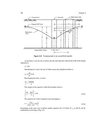 98
Ground level Test well
Chapter 4
Observation wells
Figure 4.6 Pumping test in an unconfined aquifer
As per Darcy's law the rate of inflow into the well when the water levels in the wells remain
stationary is
q = kiA
Substituting for A and / the rate of inflow across the cylindrical surface is
, dh^ ,
q - k — 2nrh
dr
Rearranging the terms, we have
dr Inkhdh
r q
The integral of the equation within the boundary limits is
dr Ink
r q .
hdh (4.15)
The equation for k after integration and rearranging is
k =- (4.16)
Proceeding in the same way as before another equation for k in terms of rQ, hQ and R{ can be
established as (referring to Fig.4.6)
 