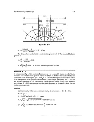 Soil Permeability and Seepage 125
Figure Ex. 4.14
. 3.23x10
or& = x
1
= lxlO-4
ft/sec
14.8x6 60x60
The distance between the last two equipotentials given is 2.95 ft. The calculated hydraulic
gradient is
A/z
i =
14.8
= 0.50
As 10x2.95
- ~£r
r~=
"TT = 2 < 5 to 6 which is normally required for sand.
Example 4.15
A concrete dam (Fig 4.19) is constructed across a river over a permeable stratum of soil of limited
thickness. The water heads are upstream side 16m and 2 m on the downstream side. The flow net
constructed under the dam gives A^.= 4 and Nd=l2. Calculate the seepage loss through the subsoil
if the average value of the hydraulic conductivity is 6 x 10~3
cm/sec horizontally and 3 x 10"4
cm/
sec vertically. Calculate the exit gradient if the average length of the last field is 0.9 m.Assuming
e = 0.56, and Gs = 2.65, determine the critical gradient. Comment on the stability of the river bed
on the downstream side.
Solution
Upstream side h{ = 16 m and downstream side h2 =2 m, therefore h= 16-2, = 14m
k = 6 x 10~3
cm/sec, k =3 x 10"4
cm/sec
= 1.34xlO-3
cm/sec
Nf 4
= kh-+- =(1.34 X 10-3) x (14X 100) x — = 0.626 cm3
/ sec
 