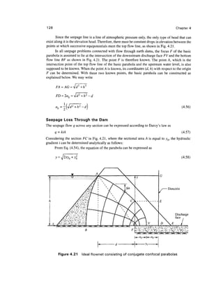 128 Chapter 4
Since the seepage line is a line of atmospheric pressure only, the only type of head that can
exist along it is the elevation head. Therefore, there must be constant drops in elevation between the
points at which successive equipotentials meet the top flow line, as shown in Fig. 4.21.
In all seepage problems connected with flow through earth dams, the focus F of the basic
parabola is assumed to lie at the intersection of the downstream discharge face FV and the bottom
flow line BF as shown in Fig. 4.21. The point F is therefore known. The point A, which is the
intersection point of the top flow line of the basic parabola and the upstream water level, is also
supposed to be known.When the point A is known, its coordinates (d, K) with respect to the origin
F can be determined. With these two known points, the basic parabola can be constructed as
explained below. We may write
(4.56)
Seepage Loss Through the Dam
The seepage flow q across any section can be expressed according to Darcy's law as
q = kiA (4.57)
Considering the section FC in Fig. 4.21, where the sectional area A is equal to yQ, the hydraulic
gradient / can be determined analyticallyas follows:
From Eq. (4.54), the equation of the parabola can be expressed as
'o+^o2 (4.58)
Directrix
Figure 4.21 Ideal flownet consisting of conjugate confocal parabolas
 